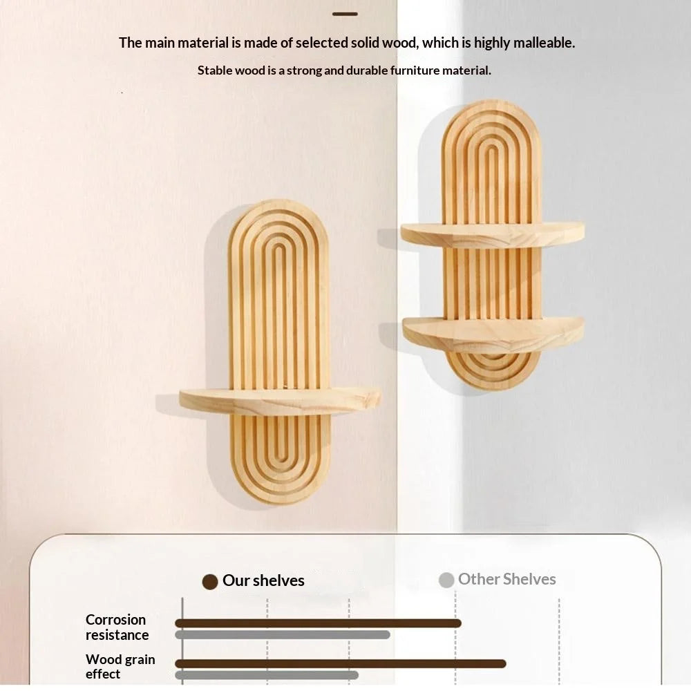 2Pcs Dual Tiers Boho Style Wooden Wall Mounted Shelves Plant Pot Rack Home Decor - Wood Color - 2