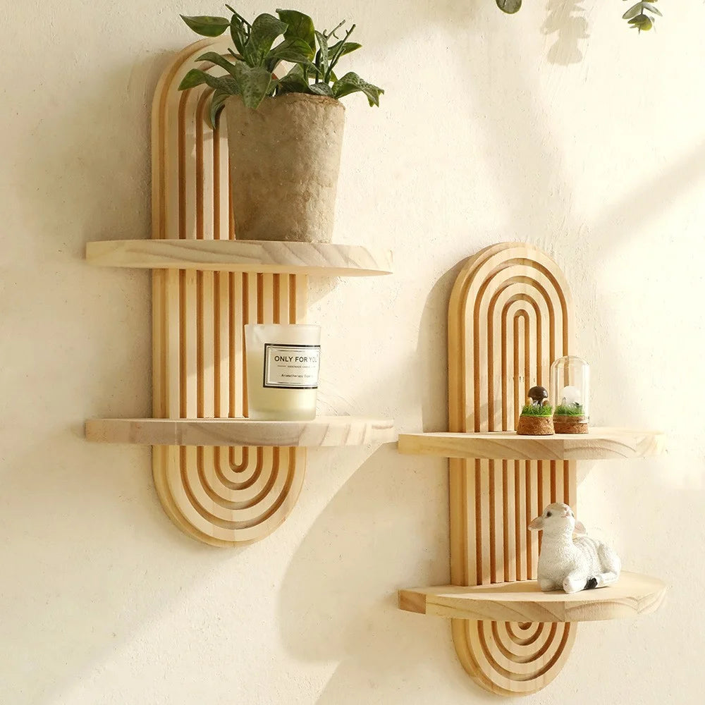 2Pcs Dual Tiers Boho Style Wooden Wall Mounted Shelves Plant Pot Rack Home Decor - Wood Color - 3