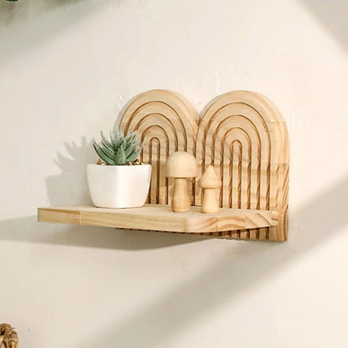 2-Layer Rainbow Arch Wooden Floating Shelf Wall Mount Flower Pot Rack for Home Decor - Wood Color - 1