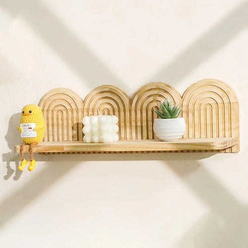 4-Layer Rainbow Arch Wooden Floating Shelf Wall Mount Flower Pot Rack for Home Decor - Wood Color - 1