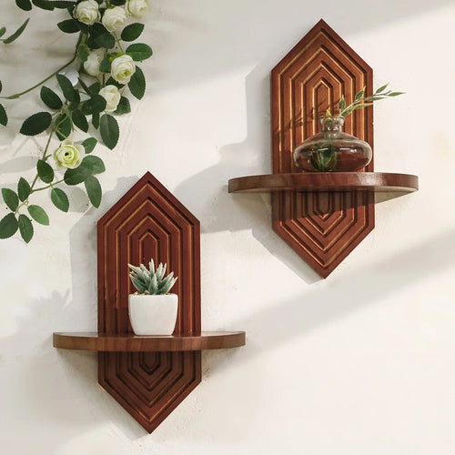 2Pcs Diamond Shape Wood Wall Floating Shelves Plant Pot Holders Home Decor - Dark Wood Color - 1
