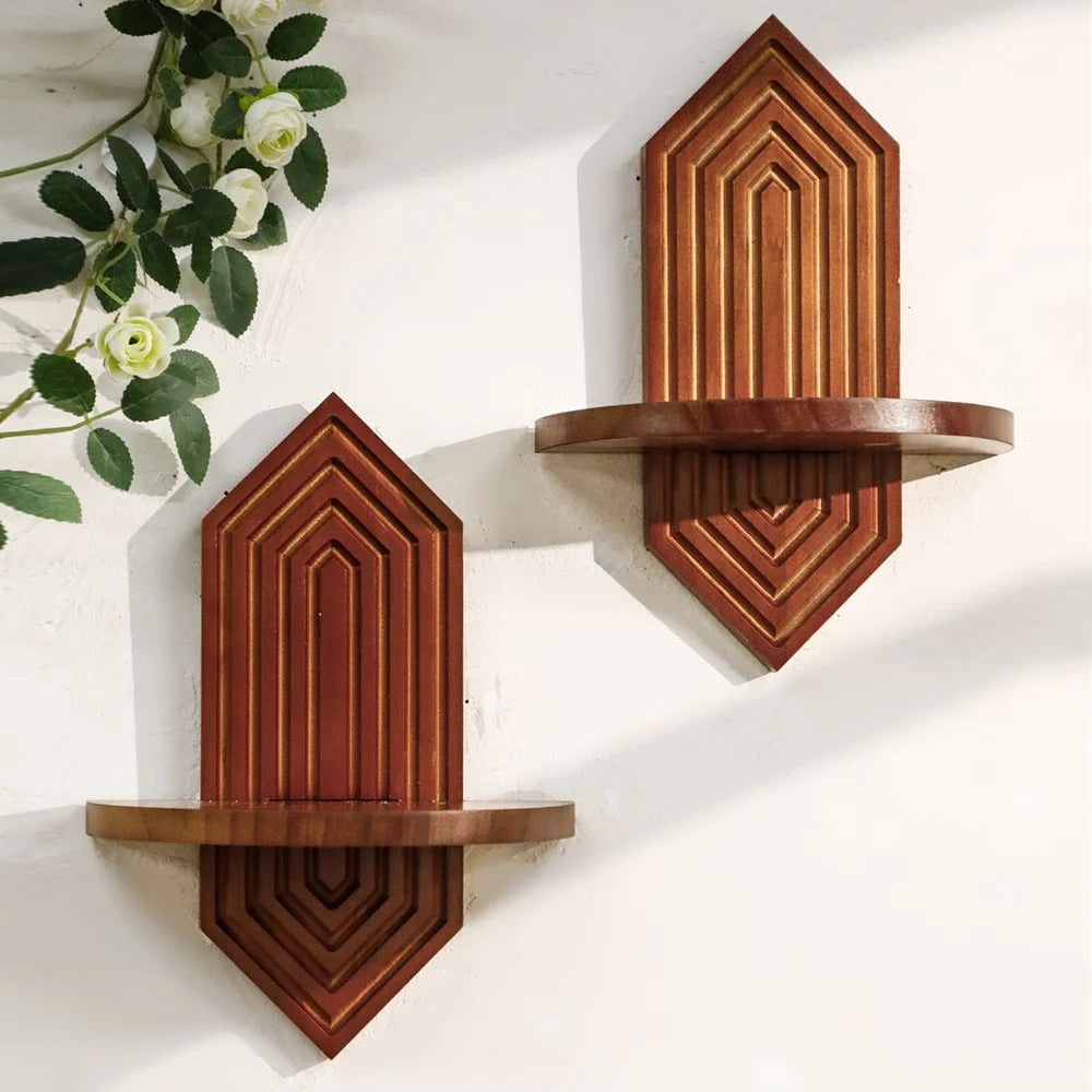 2Pcs Diamond Shape Wood Wall Floating Shelves Plant Pot Holders Home Decor - Dark Wood Color - 2