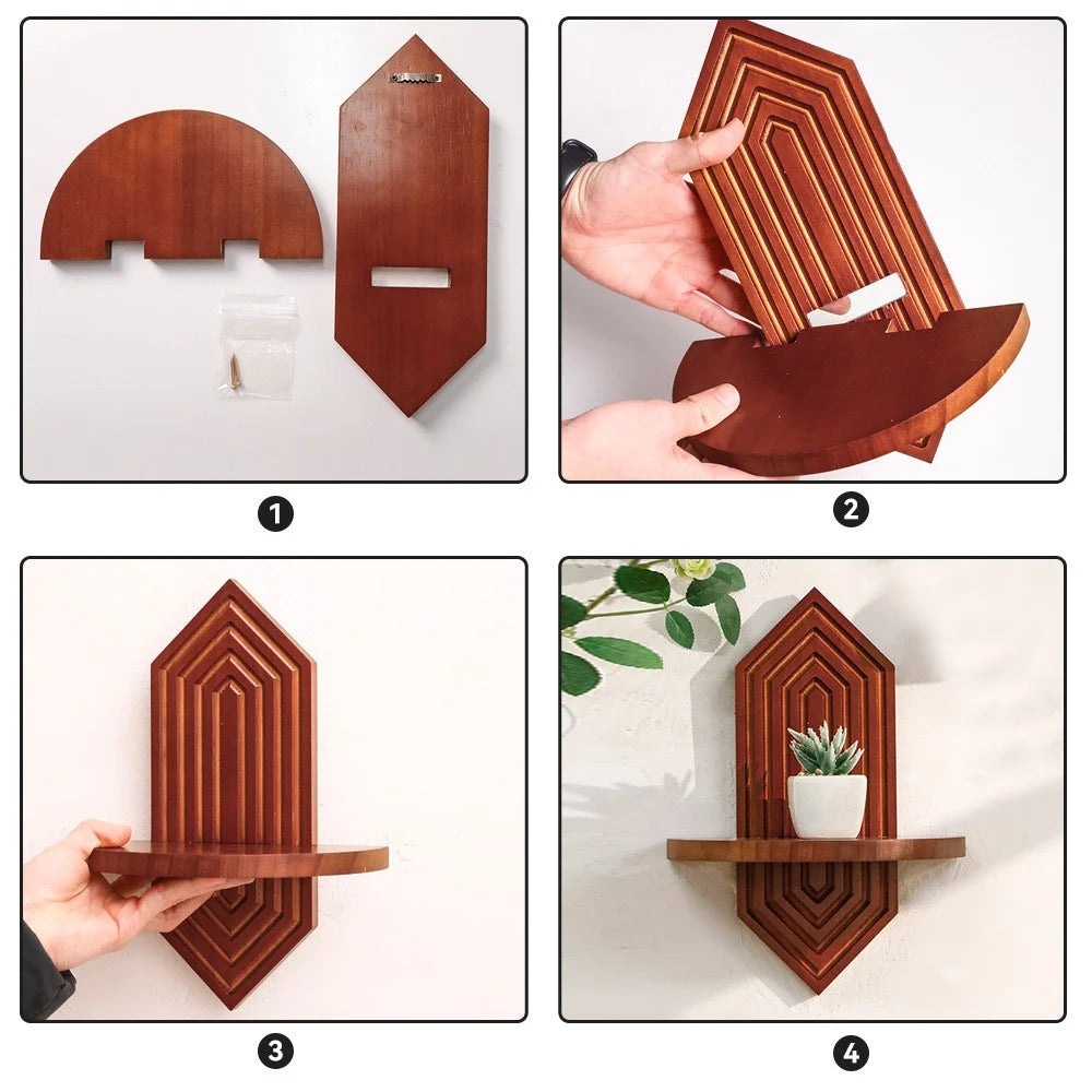 2Pcs Diamond Shape Wood Wall Floating Shelves Plant Pot Holders Home Decor - Dark Wood Color - 3