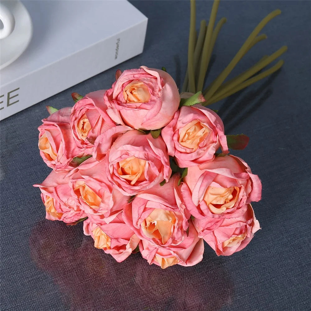 12Pcs Artificial Rose Flowers Bouquet Silk Realistic Fake Roses for Home Wedding Decoration - Pink - 2