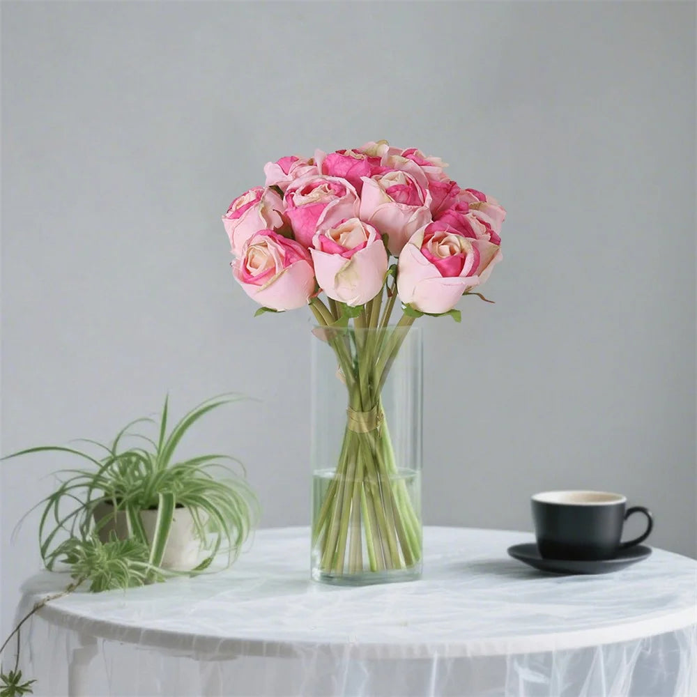12Pcs Artificial Rose Flowers Bouquet Silk Realistic Fake Roses for Home Wedding Decoration - Pink - 3