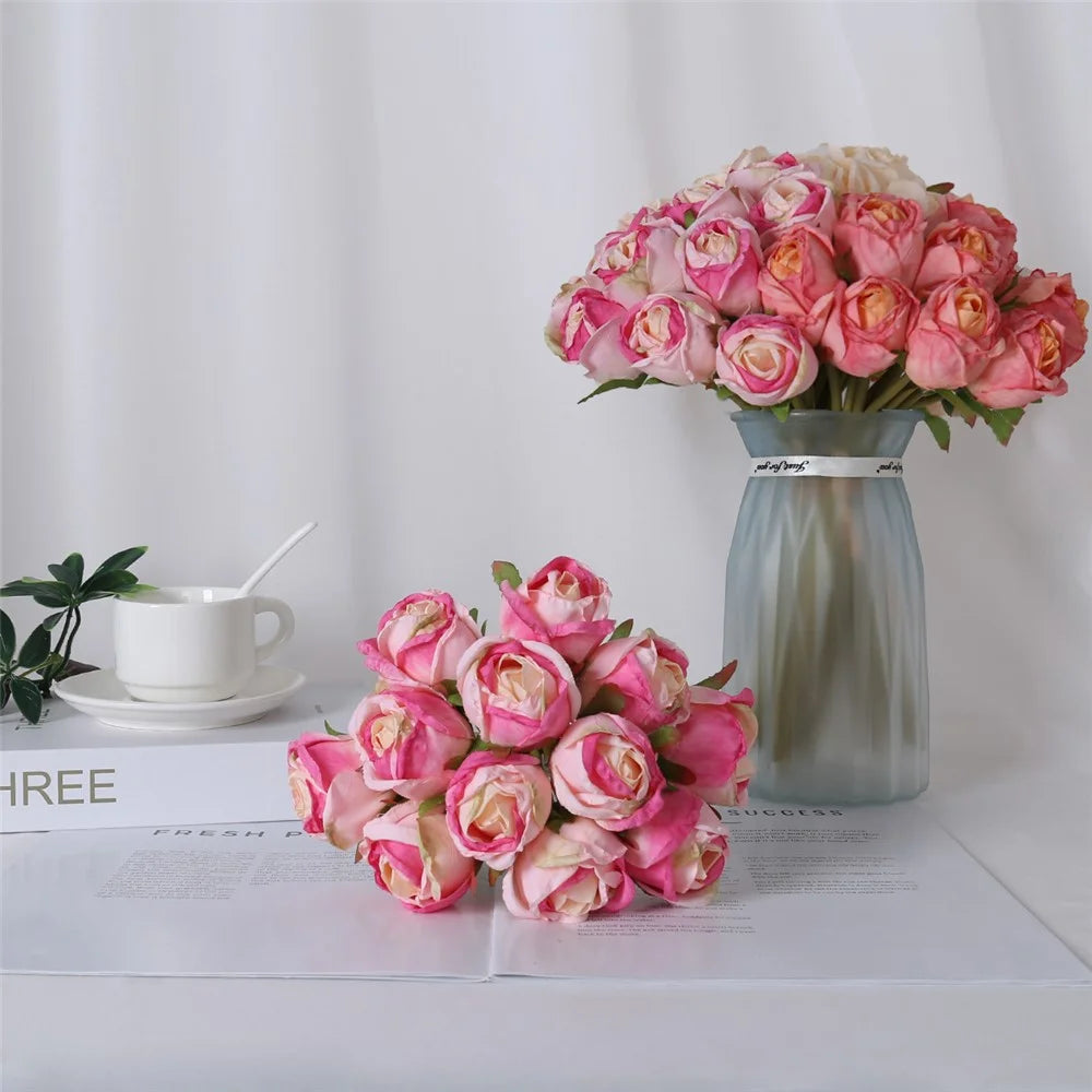 12Pcs Artificial Rose Flowers Bouquet Silk Realistic Fake Roses for Home Wedding Decoration - Pink - 5