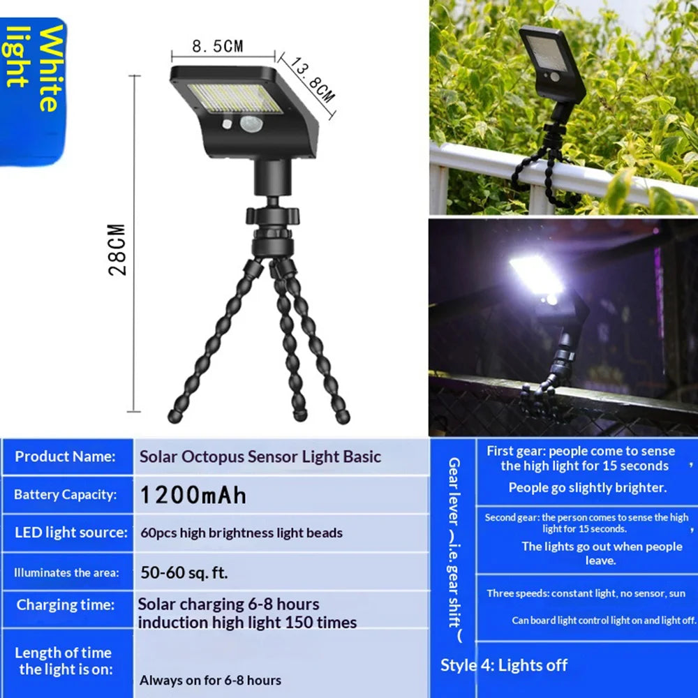 Outdoor Solar Powered Octopus Light IP44 Waterproof 60-LED Motion Sensor Garden Wall Light - White Light - 3