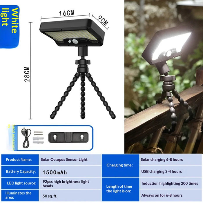 Waterproof 92-LED Solar Garden Light Outdoor Motion Sensor Path Wall Light with Flexible Octopus Mount - White Light/Black - 7