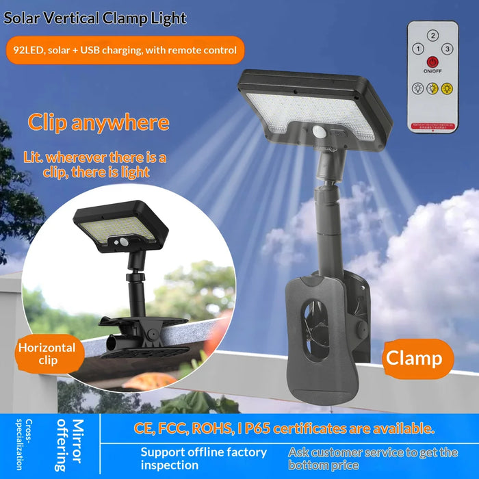 Solar Powered Garden Light IP65 Waterproof 92-LED PIR Motion Sensor Clip-on Outdoor Yard Lamp - Black/White Light - 2