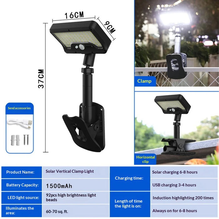 Solar Powered Garden Light IP65 Waterproof 92-LED PIR Motion Sensor Clip-on Outdoor Yard Lamp - Black/White Light - 6
