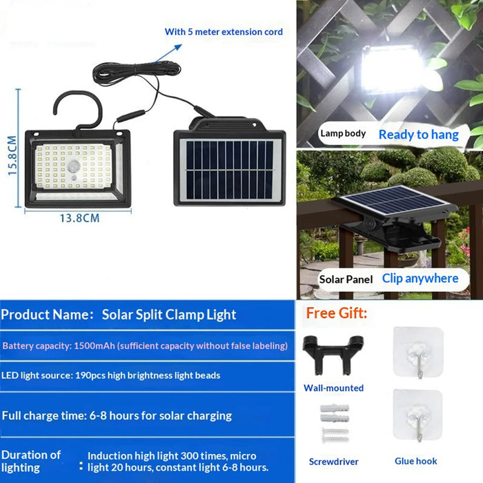 CCP087 190 LEDs Solar Powered Split Motion Sensor Light IP65 Waterproof Outdoor Garden Hanging Lamp - White Light - 6