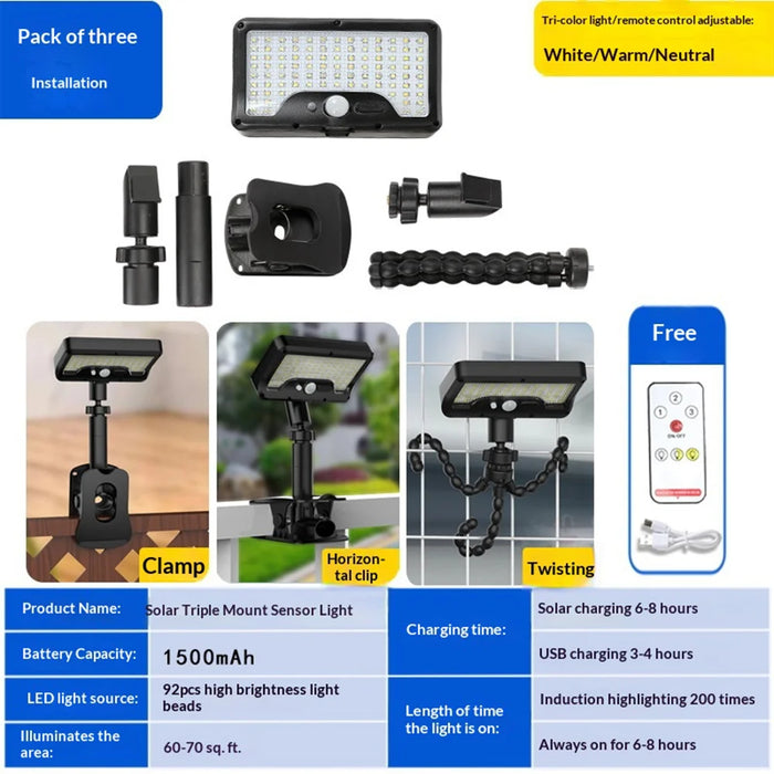 P21 Solar Motion Sensor Light IP65 Waterproof 92 LEDs Outdoor Garden Clamp Lamp with Octopus Mount - Black - 6