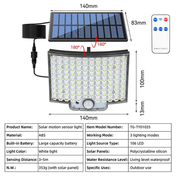 TG-TY01035 106 LED Solar Motion Sensor Wall Light Remote Control IP44 Waterproof Wall Lamp for Outdoor Garden - 6
