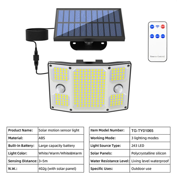 TG-TY01065 243-LED Solar Motion Sensor Wall Light 3 Modes Remote Control Wall Lamp for Outdoor Garden - 7