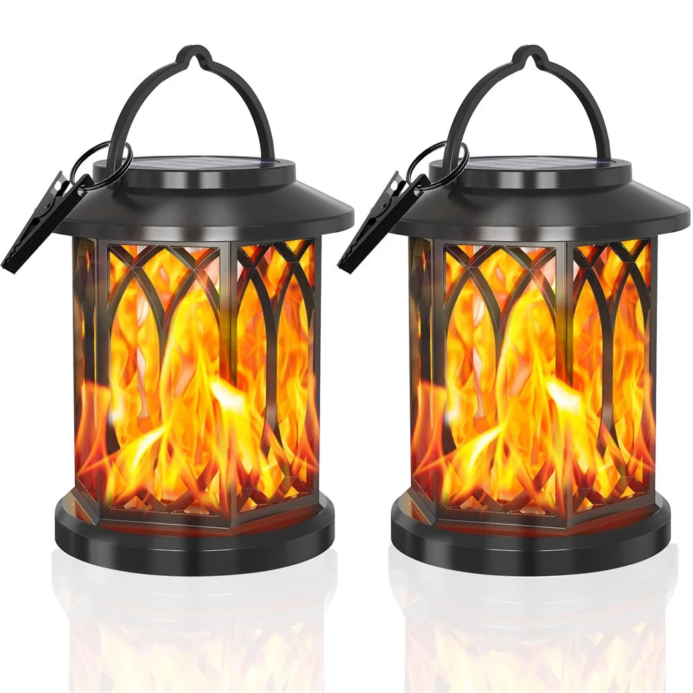 2Pcs Solar Flame Effect Lantern Design LED Flickering Light IP65 Waterproof Clip Hook Garden Light - Flame Type - 1