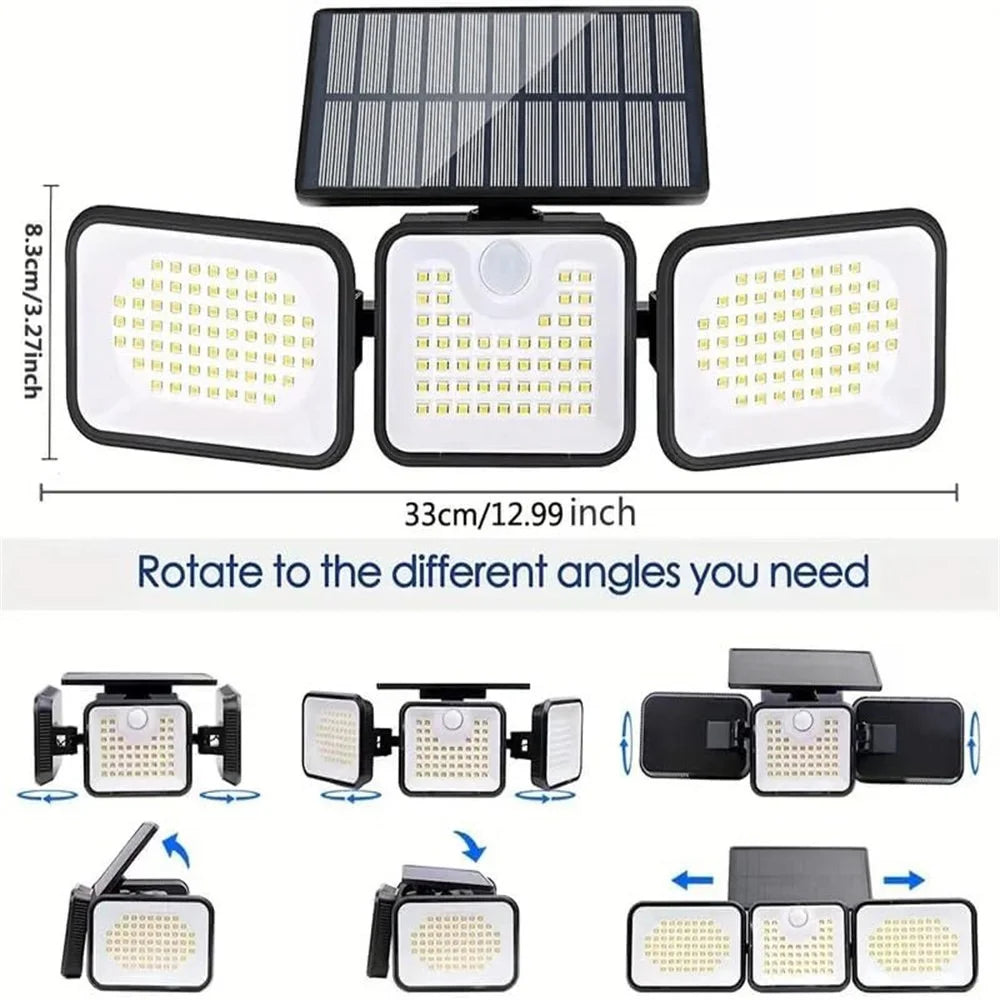 YY-21803 Solar Powered 180-LED Motion Sensor Wall Light 3-Head Rotatable Spotlight 400 Lumens IP65 Waterproof Security Lamp for Outdoor Garden - 6