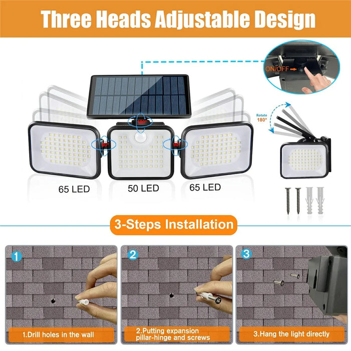 YY-21803 2Pcs Solar Powered Security Light 180-LED 3-Head Rotating IP65 Waterproof Motion Sensor Wall Lamp for Garden Yard Wall Mount - 4
