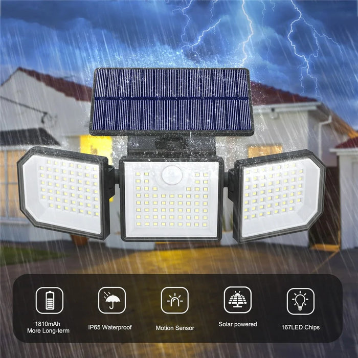 3-Head LED Solar Wall Light Motion Sensor 167-LED IP65 Waterproof Adjustable Security Light for Outdoor Garden - 2