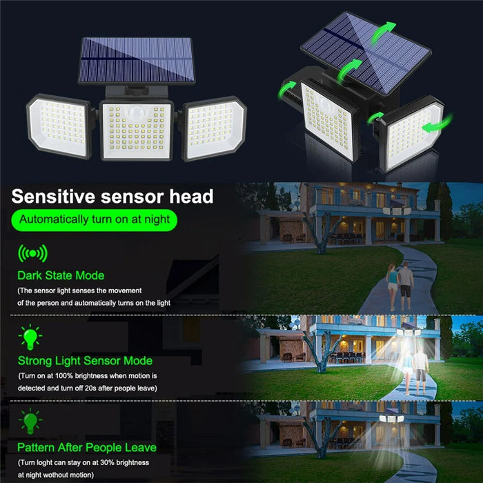 3-Head LED Solar Wall Light Motion Sensor 167-LED IP65 Waterproof Adjustable Security Light for Outdoor Garden - 3