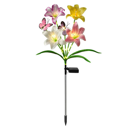 Solar Lily Flower-Shaped Light with Butterfly Decoration Outdoor Waterproof LED Spike Lamp for Garden Yard Lawn - Warm Light - 1