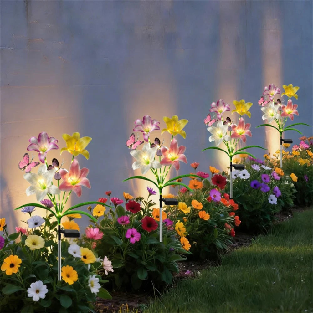 Solar Lily Flower-Shaped Light with Butterfly Decoration Outdoor Waterproof LED Spike Lamp for Garden Yard Lawn - Warm Light - 2