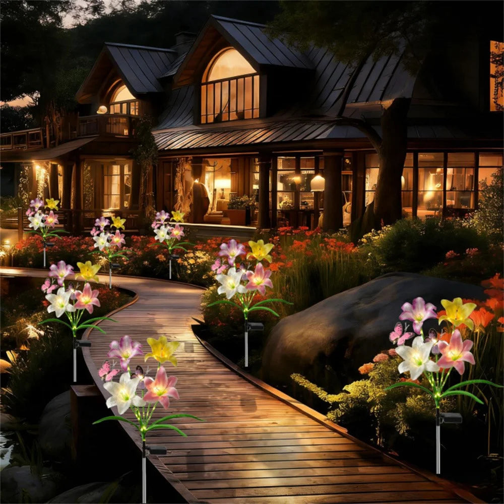 Solar Lily Flower-Shaped Light with Butterfly Decoration Outdoor Waterproof LED Spike Lamp for Garden Yard Lawn - Warm Light - 3