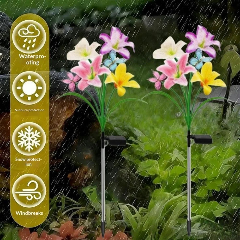 Solar Lily Flower-Shaped Light with Butterfly Decoration Outdoor Waterproof LED Spike Lamp for Garden Yard Lawn - Warm Light - 4