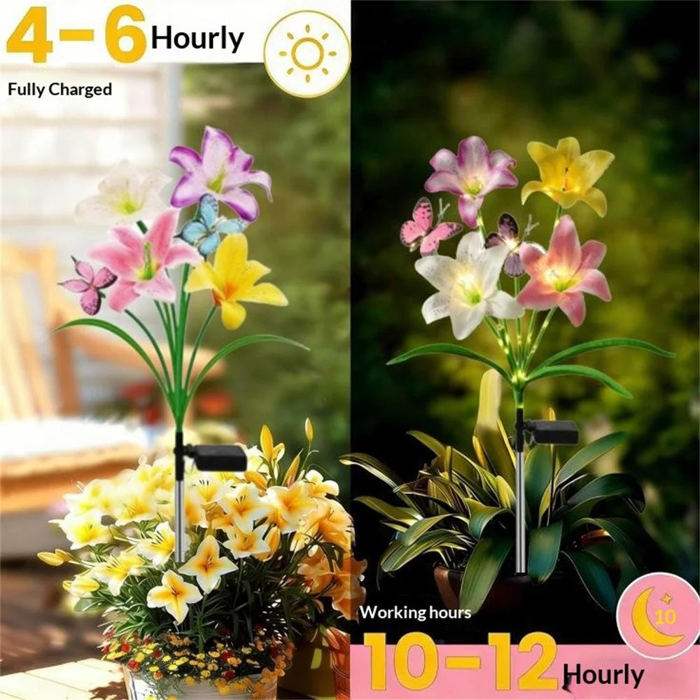 Solar Lily Flower-Shaped Light with Butterfly Decoration Outdoor Waterproof LED Spike Lamp for Garden Yard Lawn - Warm Light - 5