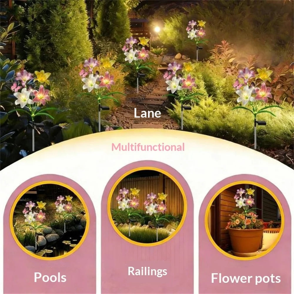 Solar Lily Flower-Shaped Light with Butterfly Decoration Outdoor Waterproof LED Spike Lamp for Garden Yard Lawn - Warm Light - 6