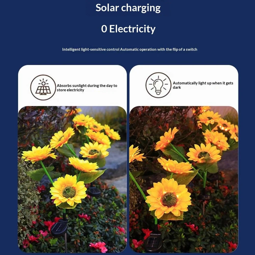 3-Head Dual Lighting Modes Solar Sunflower Garden Stake Light 70cm Height LED Waterproof Decorative Ground Spike Light for Yard Lawn - 3