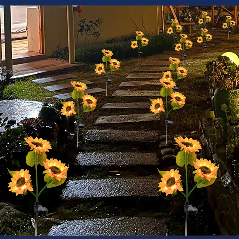 3-Head Dual Lighting Modes Solar Sunflower Garden Stake Light 70cm Height LED Waterproof Decorative Ground Spike Light for Yard Lawn - 5