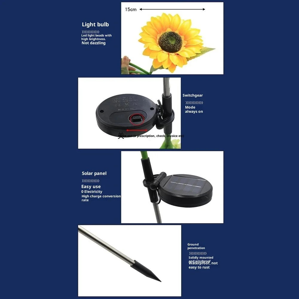 3-Head Dual Lighting Modes Solar Sunflower Garden Stake Light 70cm Height LED Waterproof Decorative Ground Spike Light for Yard Lawn - 6