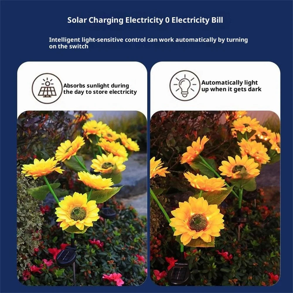 3-Head Dual Lighting Modes Solar Sunflower Garden Stake Light 70cm Height LED Waterproof Decorative Ground Spike Light for Yard Lawn - 7