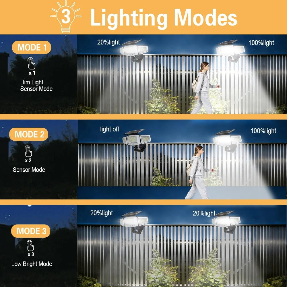P74 Solar Motion Sensor Magnetic Wall Light Dual Charging 3-Head 231-LED Outdoor Wall Lamp - 7