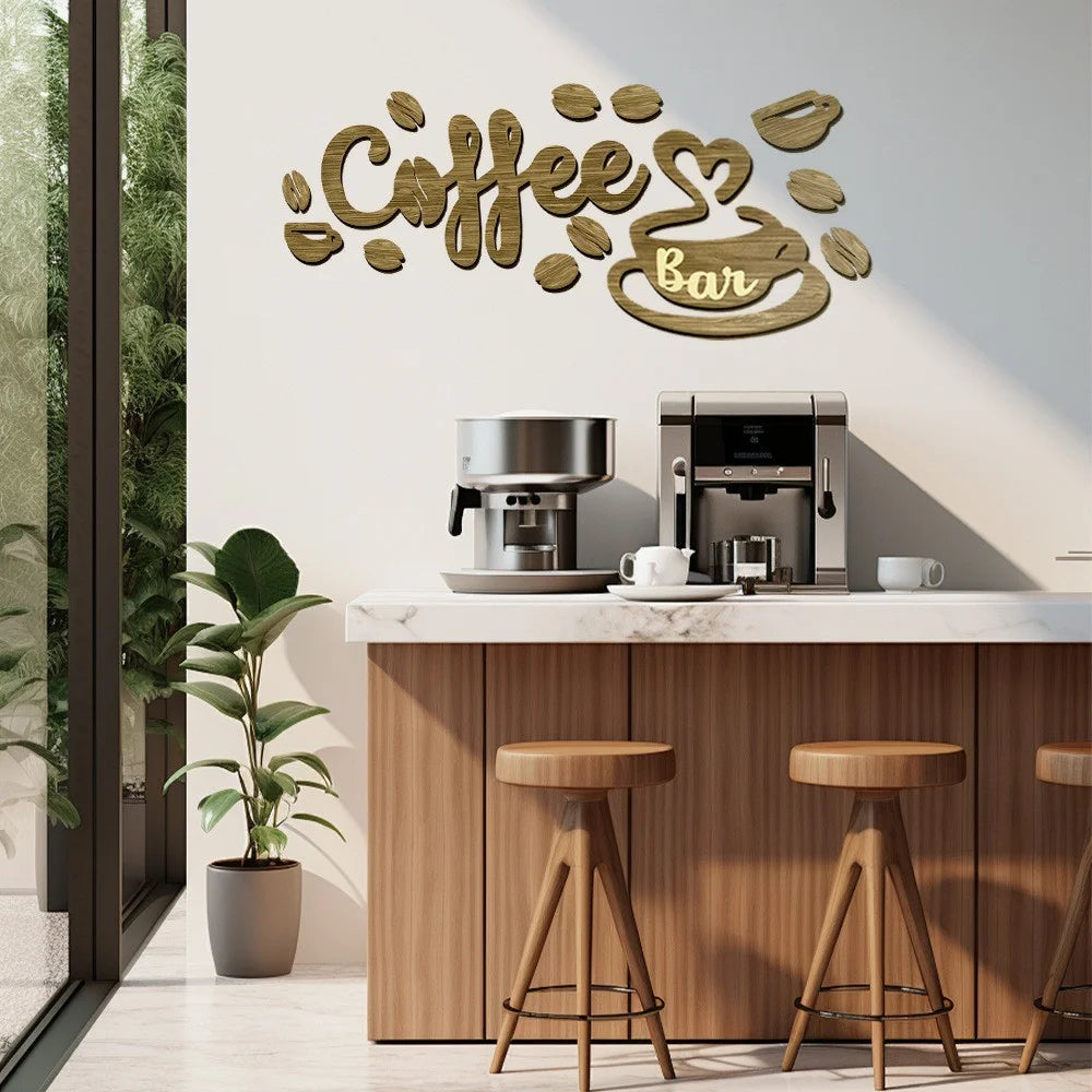 1 Set Creative Wood Coffee Bar Wall Decor 3D Letter Sign Cafe Home Bar Decoration Sticker - Brown - 2