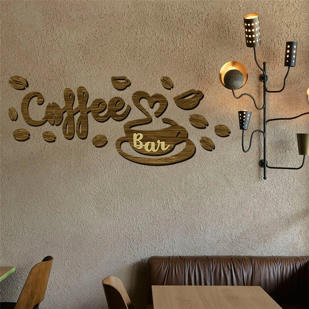 1 Set Creative Wood Coffee Bar Wall Decor 3D Letter Sign Cafe Home Bar Decoration Sticker - Brown - 4