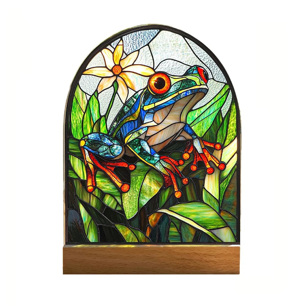 Creative 2D Acrylic Frog Stained Glass Style Desktop Ornament Waterproof Home Decor with Wooden Base - SCB1940-3 - 1