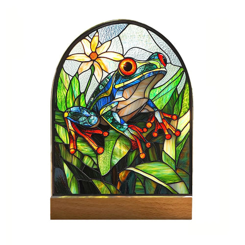 Creative 2D Acrylic Frog Stained Glass Style Desktop Ornament Waterproof Home Decor with Wooden Base - SCB1940-3 - 1