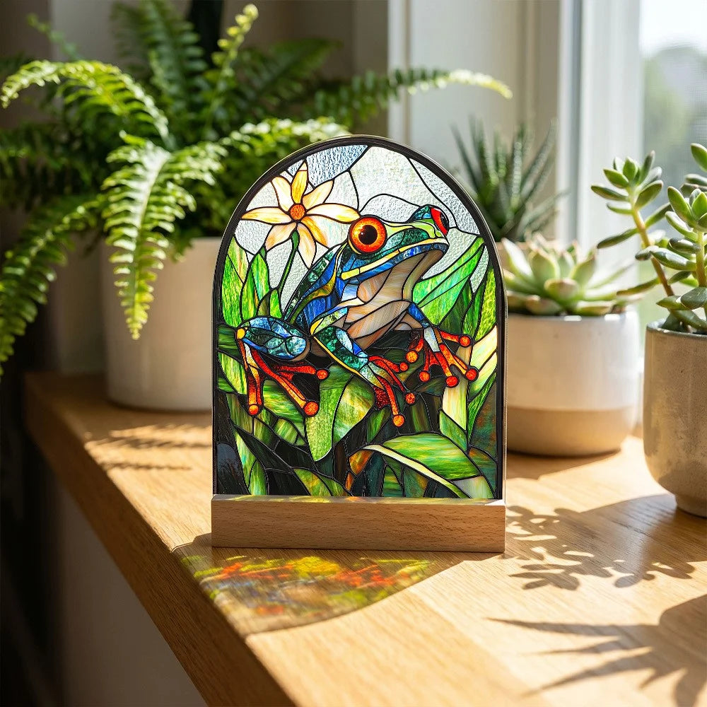 Creative 2D Acrylic Frog Stained Glass Style Desktop Ornament Waterproof Home Decor with Wooden Base - SCB1940-3 - 2