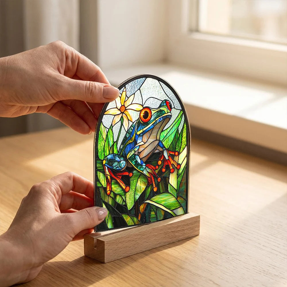Creative 2D Acrylic Frog Stained Glass Style Desktop Ornament Waterproof Home Decor with Wooden Base - SCB1940-3 - 3