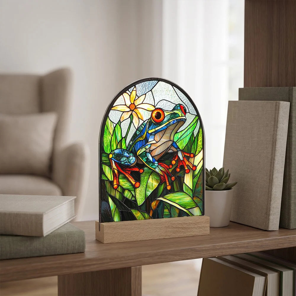 Creative 2D Acrylic Frog Stained Glass Style Desktop Ornament Waterproof Home Decor with Wooden Base - SCB1940-3 - 4