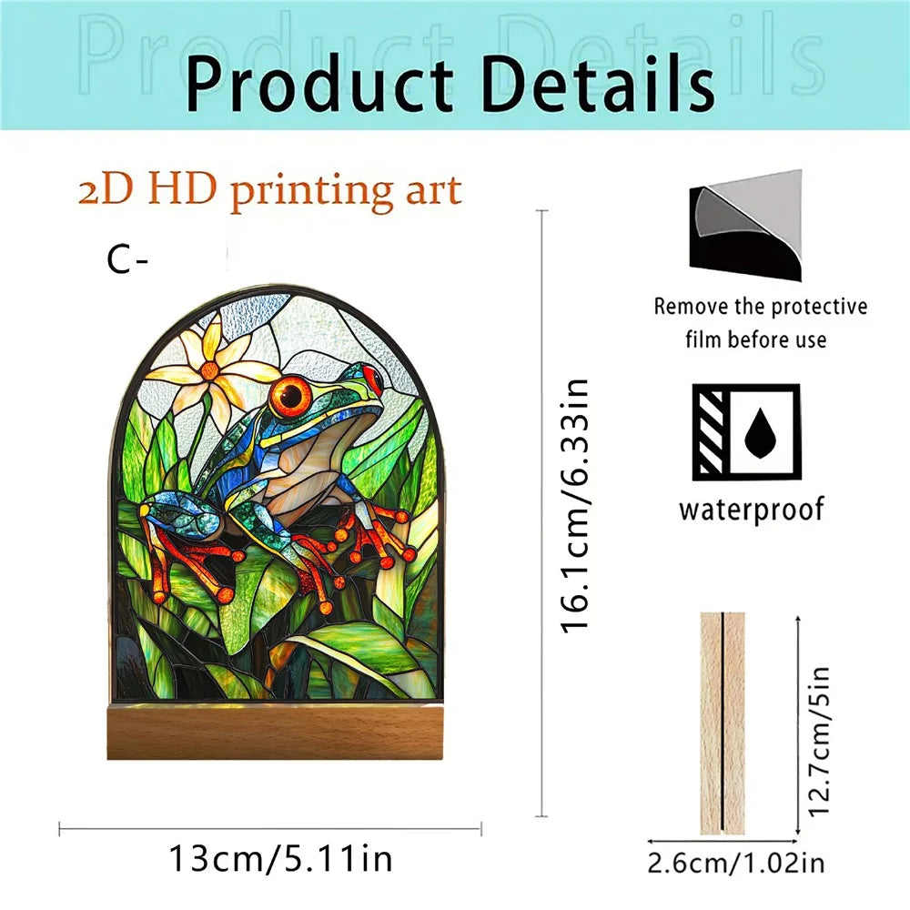 Creative 2D Acrylic Frog Stained Glass Style Desktop Ornament Waterproof Home Decor with Wooden Base - SCB1940-3 - 5