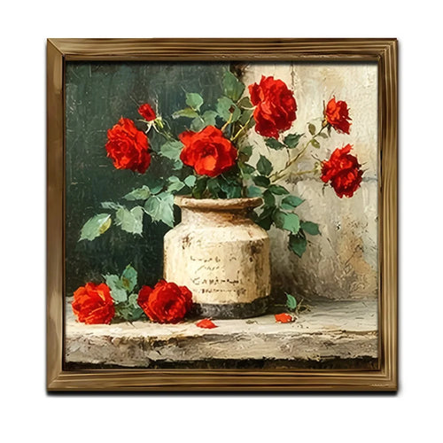 Vintage Wood Frame Wall Art Rose Still Life Oil Painting Decor for Living Room Dining Room - SCM2786-4 - 1