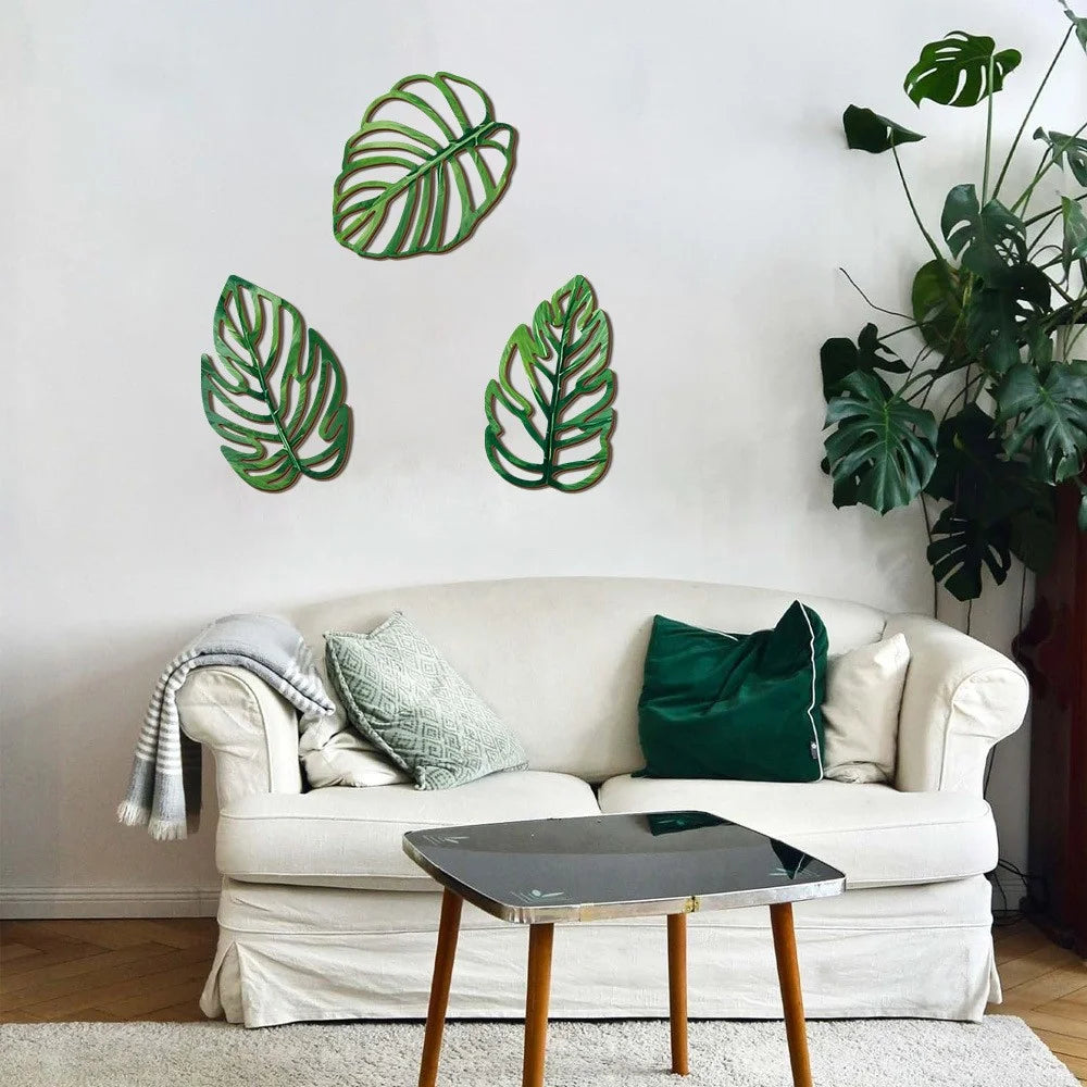 Monstera Leaf Shape Wall Decor Hollow Carved Wood Tropical Plant Green Wall Art for Living Room Bedroom - SCM2401-3 - 2