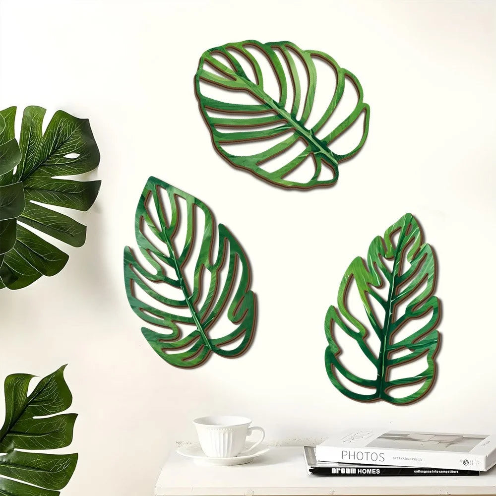 Monstera Leaf Shape Wall Decor Hollow Carved Wood Tropical Plant Green Wall Art for Living Room Bedroom - SCM2401-3 - 4