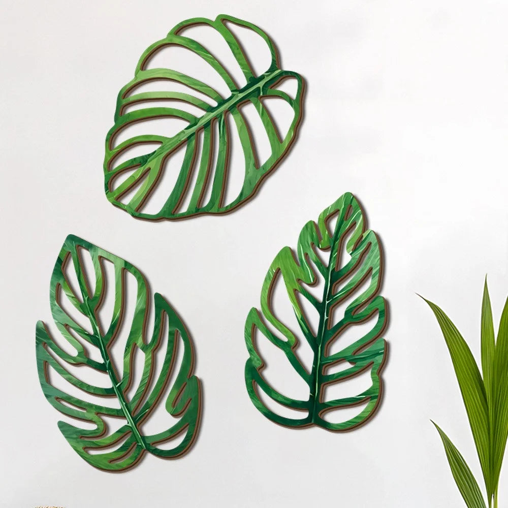 Monstera Leaf Shape Wall Decor Hollow Carved Wood Tropical Plant Green Wall Art for Living Room Bedroom - SCM2401-3 - 5