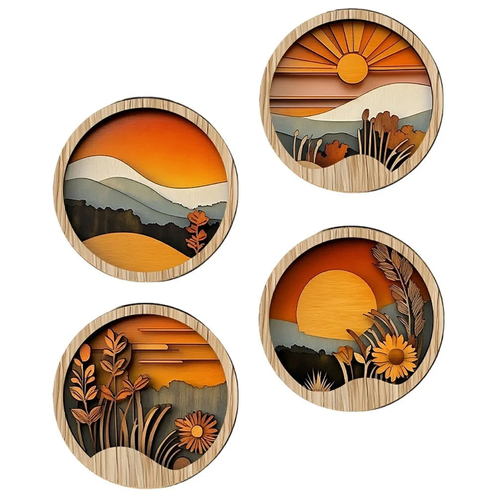 4Pcs Bohemian Wall Art Decor Sunset Wood Frame Round Layered Relief Hanging Decoration for Living Room Bedroom - SCM528 - 1