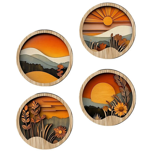 4Pcs Bohemian Wall Art Decor Sunset Wood Frame Round Layered Relief Hanging Decoration for Living Room Bedroom - SCM528 - 1