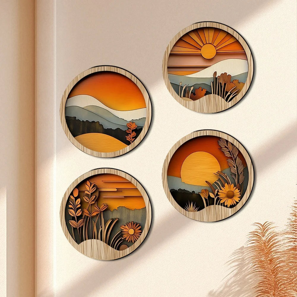 4Pcs Bohemian Wall Art Decor Sunset Wood Frame Round Layered Relief Hanging Decoration for Living Room Bedroom - SCM528 - 2
