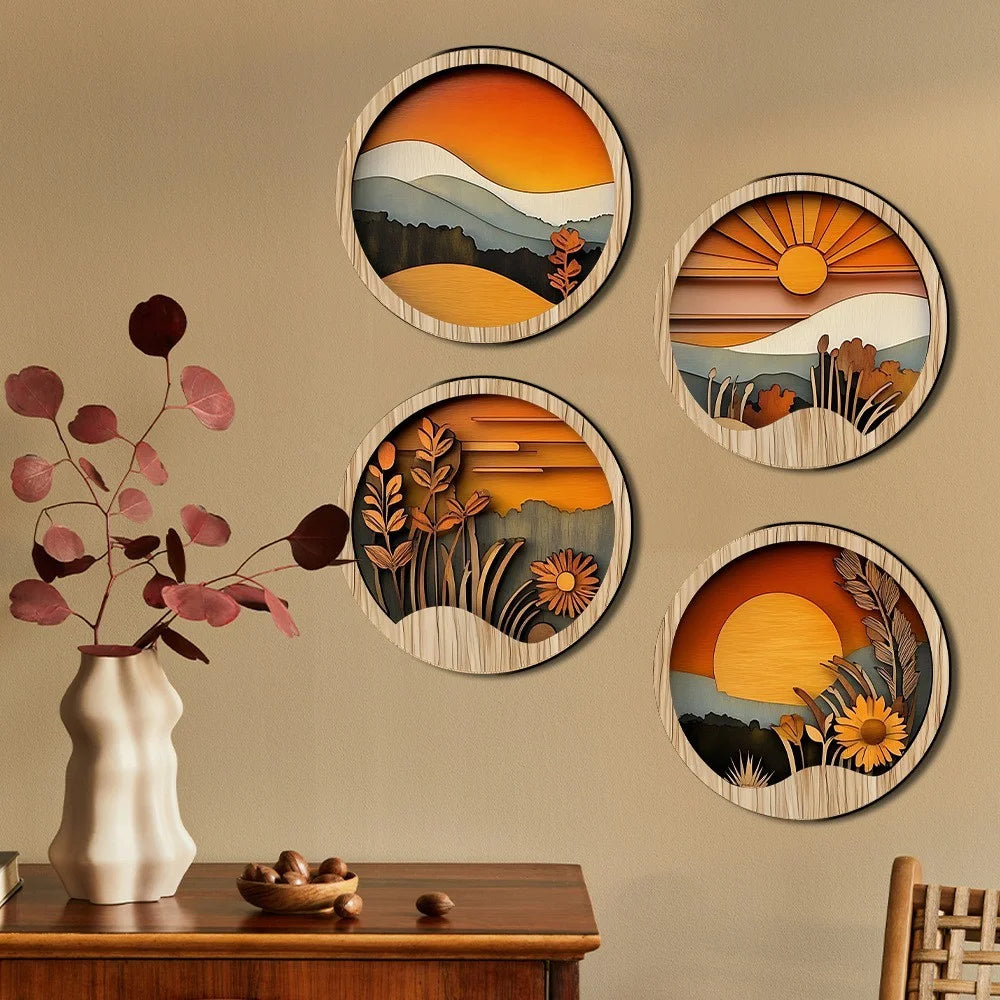 4Pcs Bohemian Wall Art Decor Sunset Wood Frame Round Layered Relief Hanging Decoration for Living Room Bedroom - SCM528 - 3